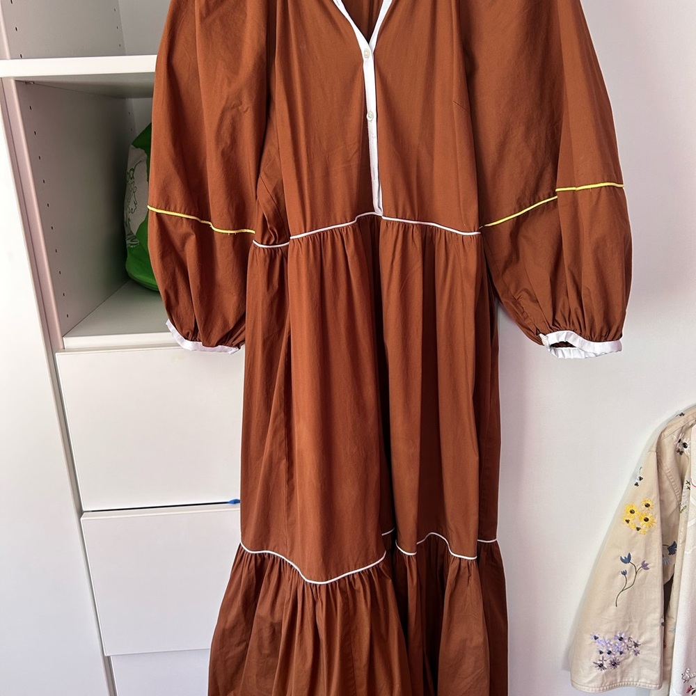 STAUD Brown Long Sleeve Dress with White Trim
